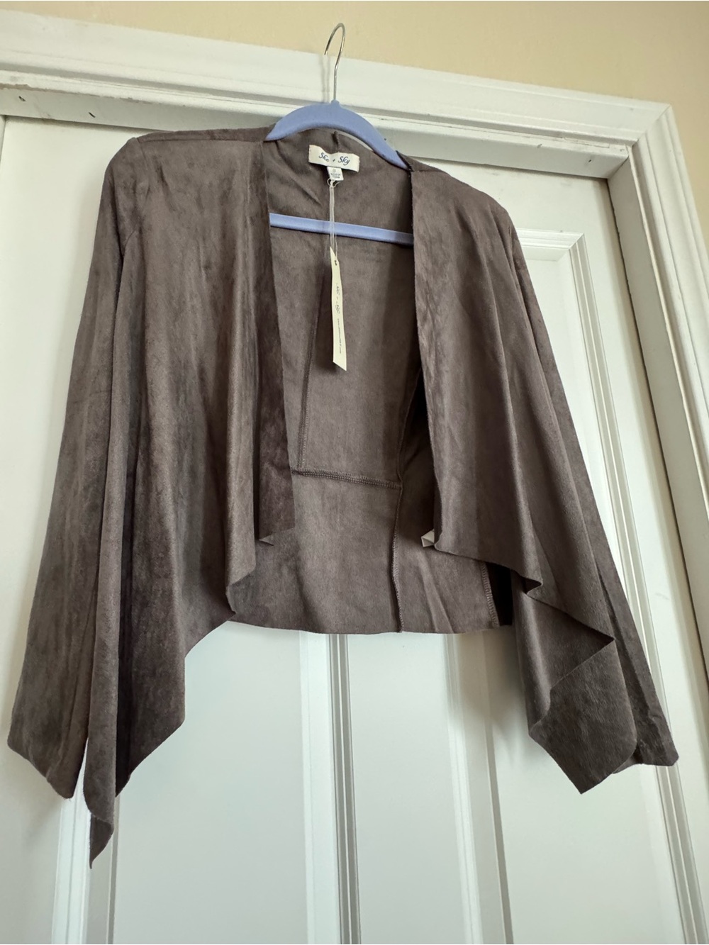 New She + Sky Small Solid Taupe Faux Suede Open Front Waterfall Cardigan